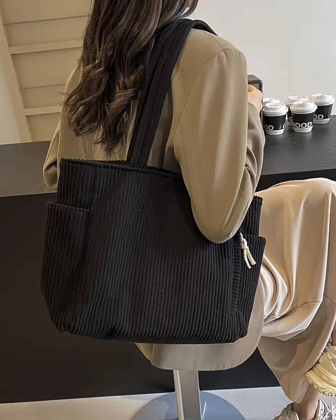 Treasa – Ribbed Tote Bag with Cord Detail