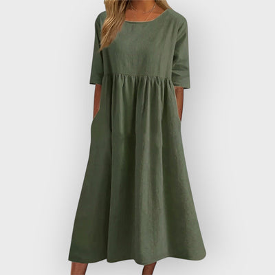Bríd – Breathable Vintage Midi Dress with Pleated Design